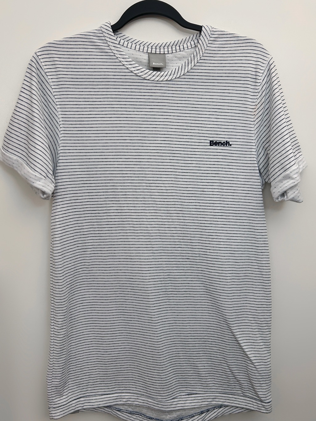 Bench White Crewneck T-Shirt With Thin Black Stripes. Double Lined.